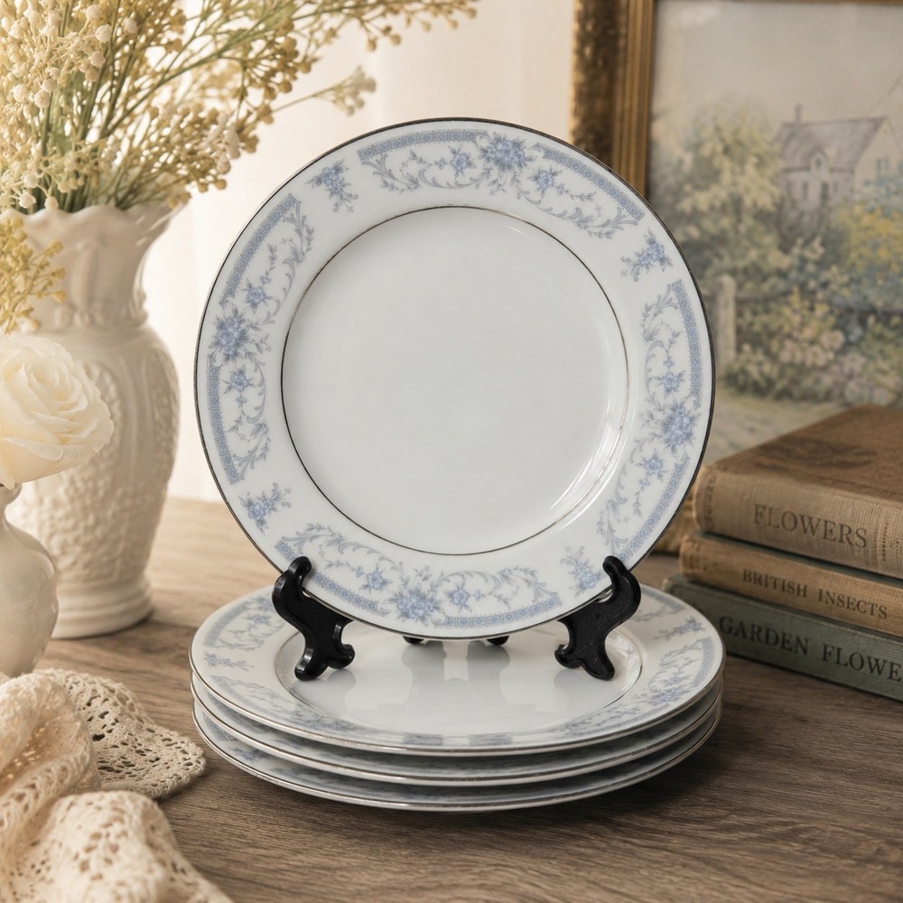 Sheffield Blue Whisper Salad Plates 6" Japan Fine China 1985 Floral Set of 4